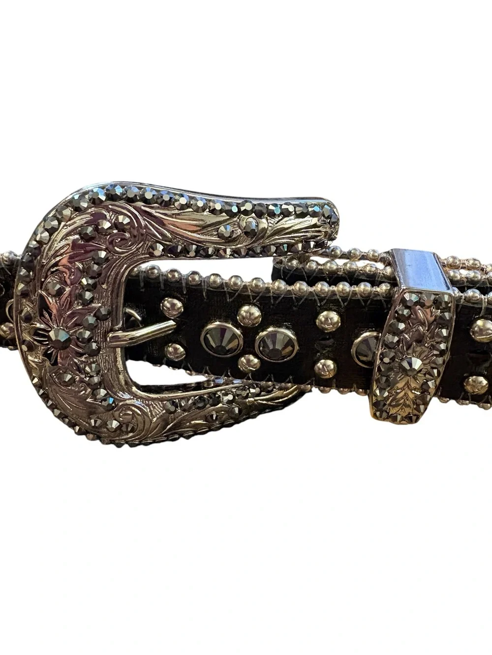 B.B. Simon Black Studded Western-Style Belt with Ornate Silver Buckle